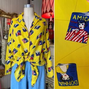vintage 1980s novelty print magazine blouse yellow retro lady print large 36 38